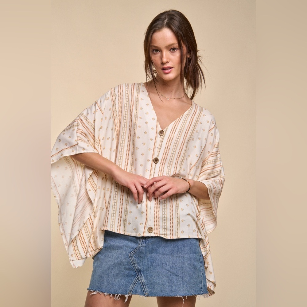 NWT Jane by Jane Cream & Tan Striped Button-Front Top Size M